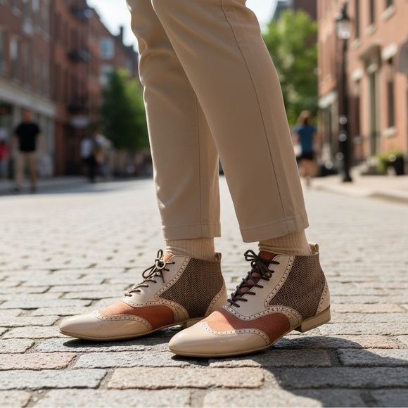 Dsign Step Leather With Broguing Herringbone Tweed Booties - Size US 6 - Picture 1 of 15